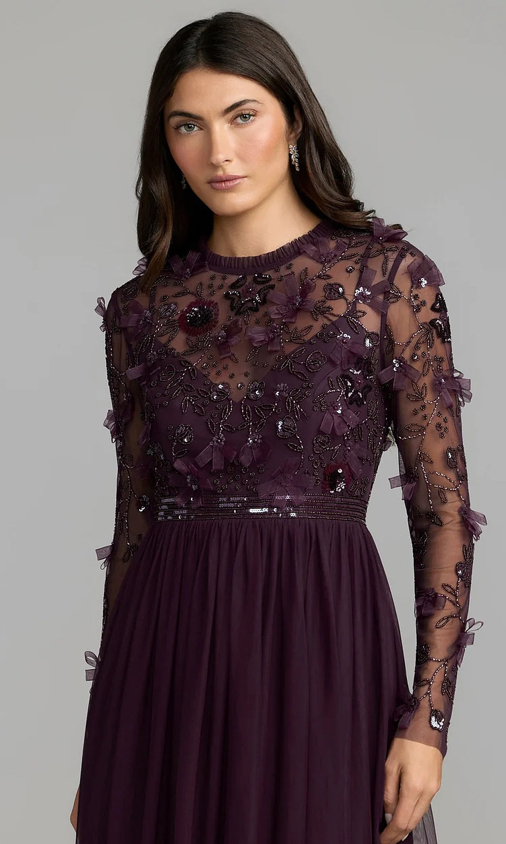 Mac Duggal 9132 Illusion Long-Sleeve Beaded Floral A-Line Gown Gown