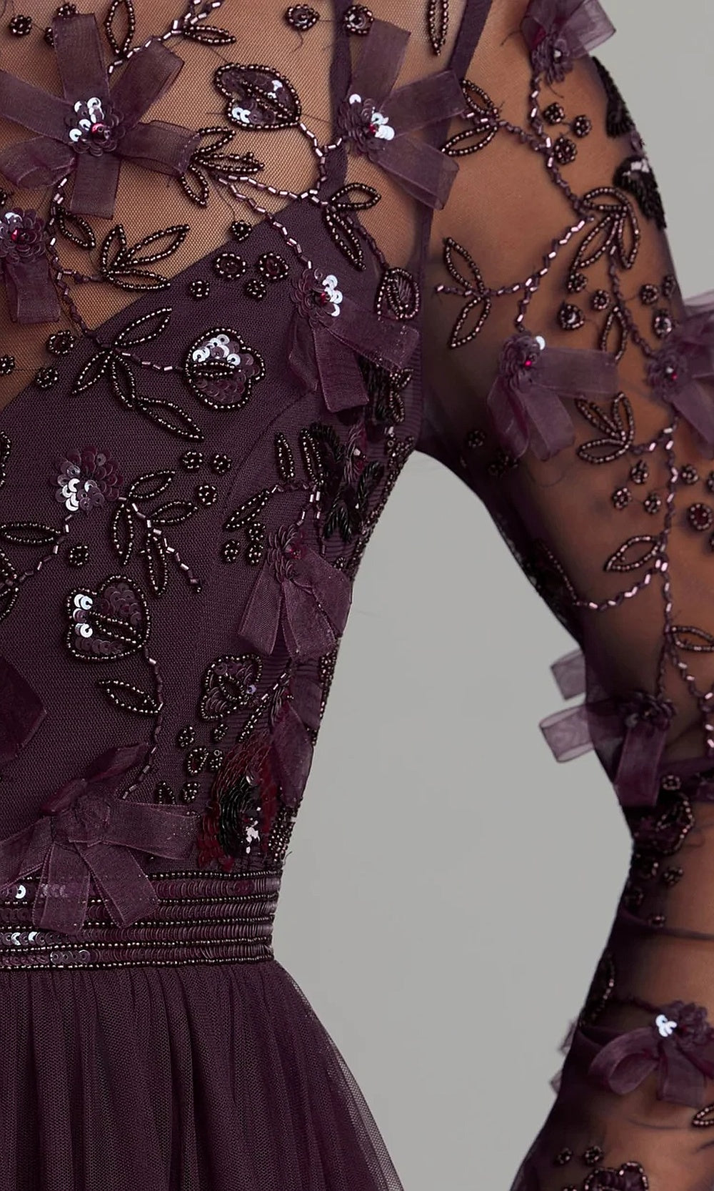 Mac Duggal 9132 Illusion Long-Sleeve Beaded Floral A-Line Gown Gown