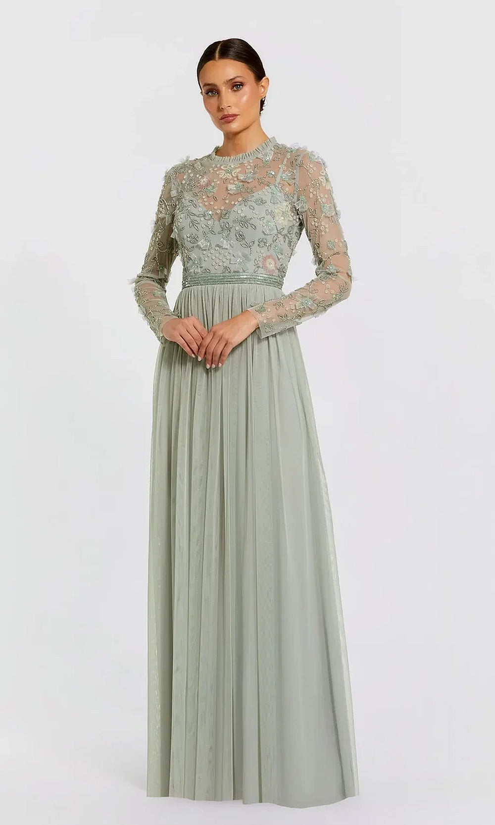 Mac Duggal 9132 Illusion Long-Sleeve Beaded Floral A-Line Gown Gown