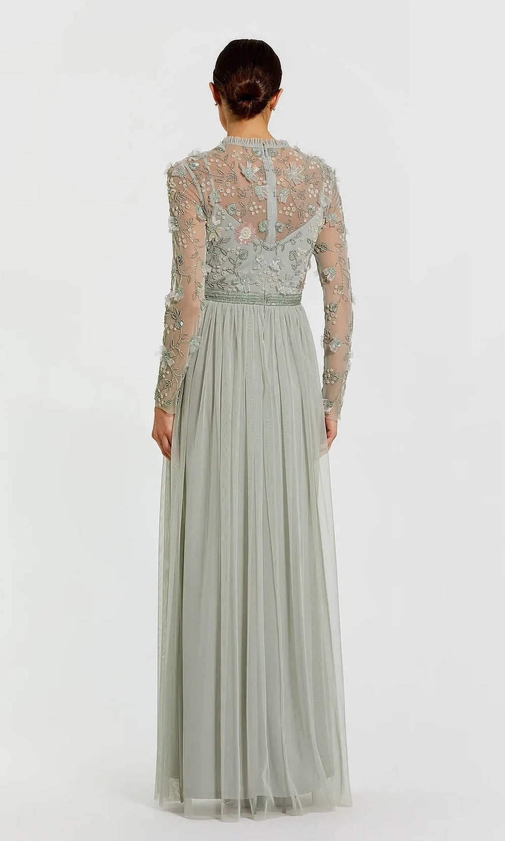 Mac Duggal 9132 Illusion Long-Sleeve Beaded Floral A-Line Gown Gown