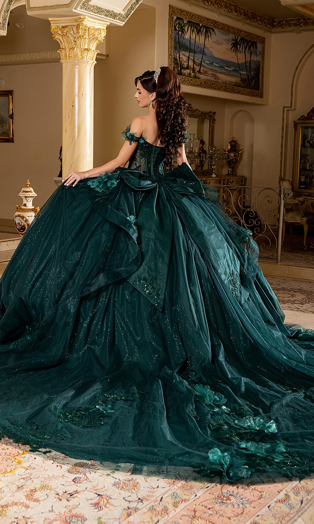 May Queen LK270 hunter green tulle quinceañera gown — rear view of the full skirt and sweeping train
