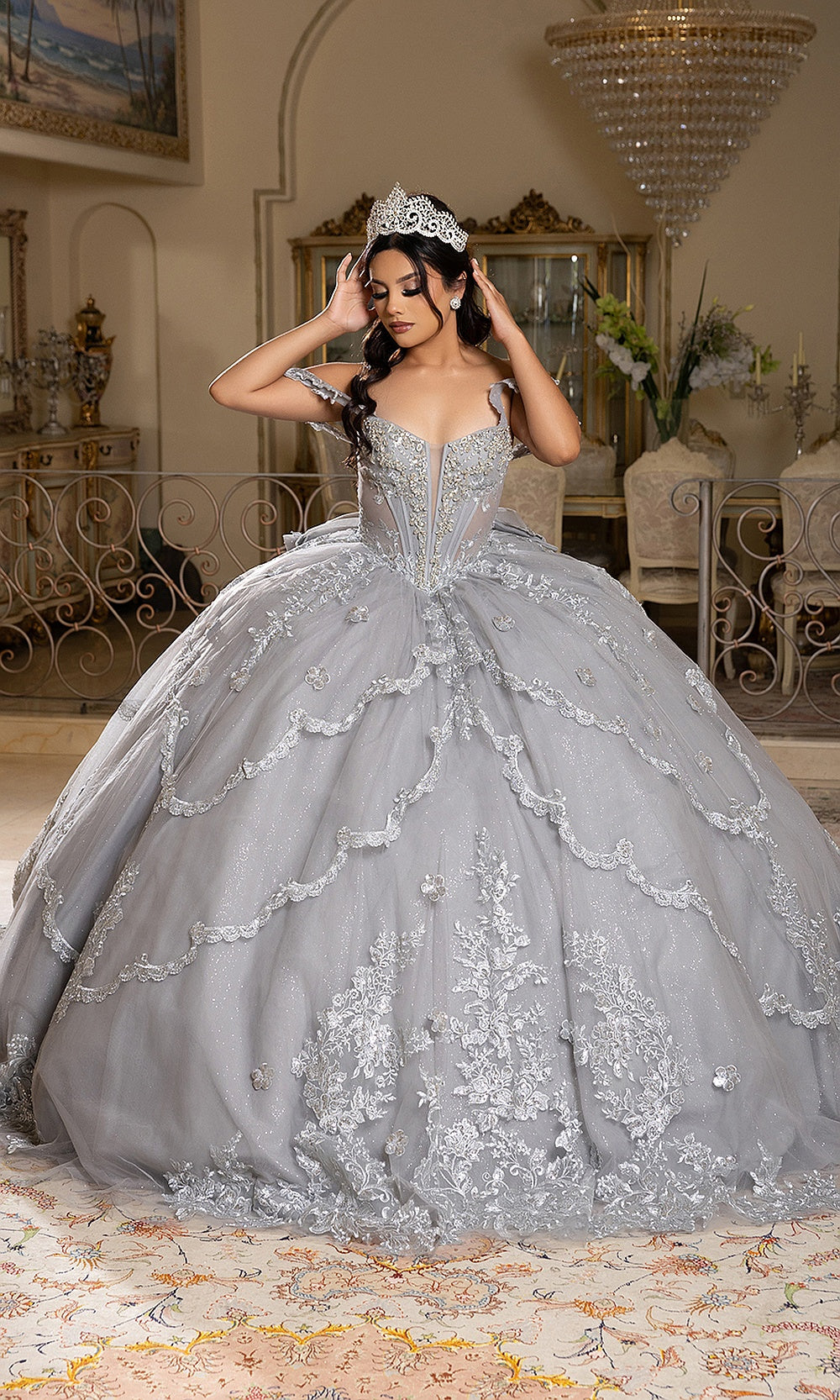 May Queen LK283 silver off-shoulder ball gown — front view of the beaded quinceañera bodice and full skirt
