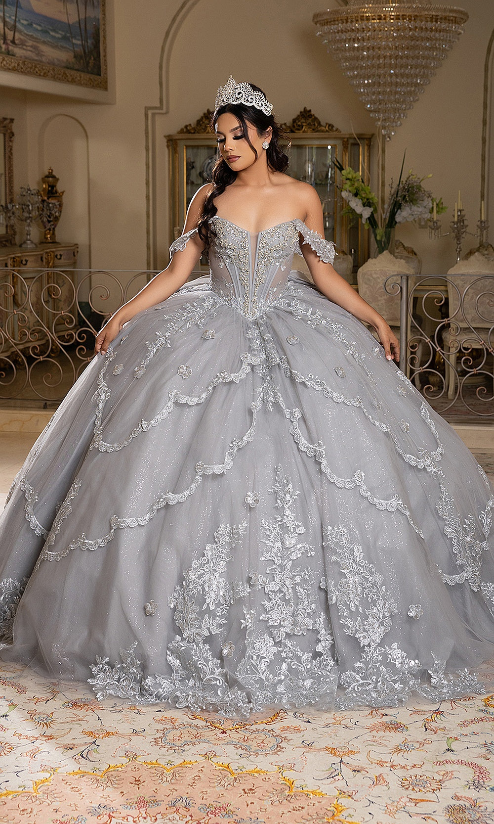 May Queen LK283 silver glitter quinceañera gown — front view of the sparkling tiered ball gown skirt