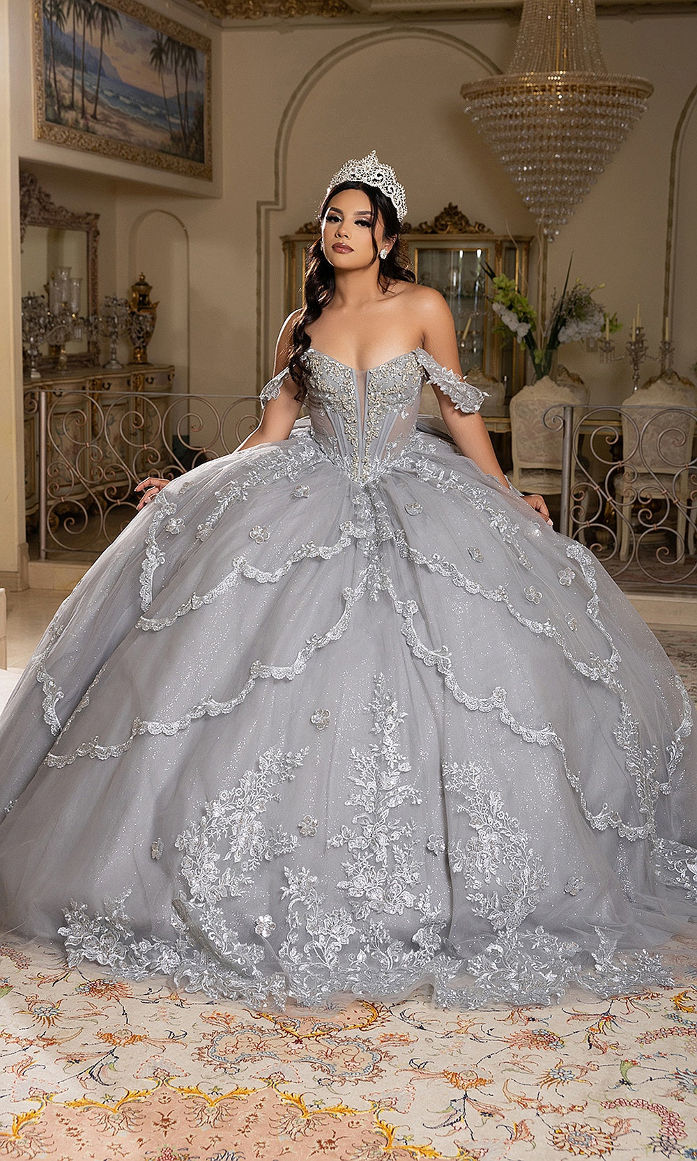 May Queen LK283 silver ball gown — three-quarter front view of the off-shoulder quinceañera dress