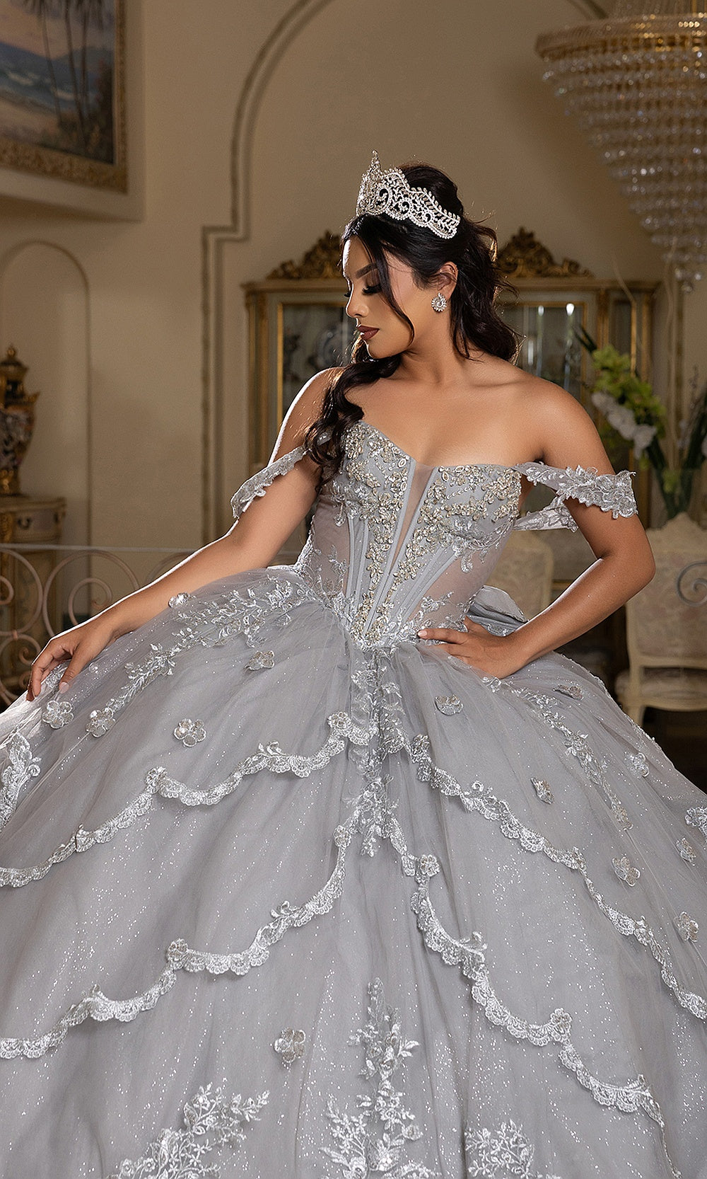 May Queen LK283 silver off-shoulder quinceañera gown — front view of the floral appliqué glitter bodice