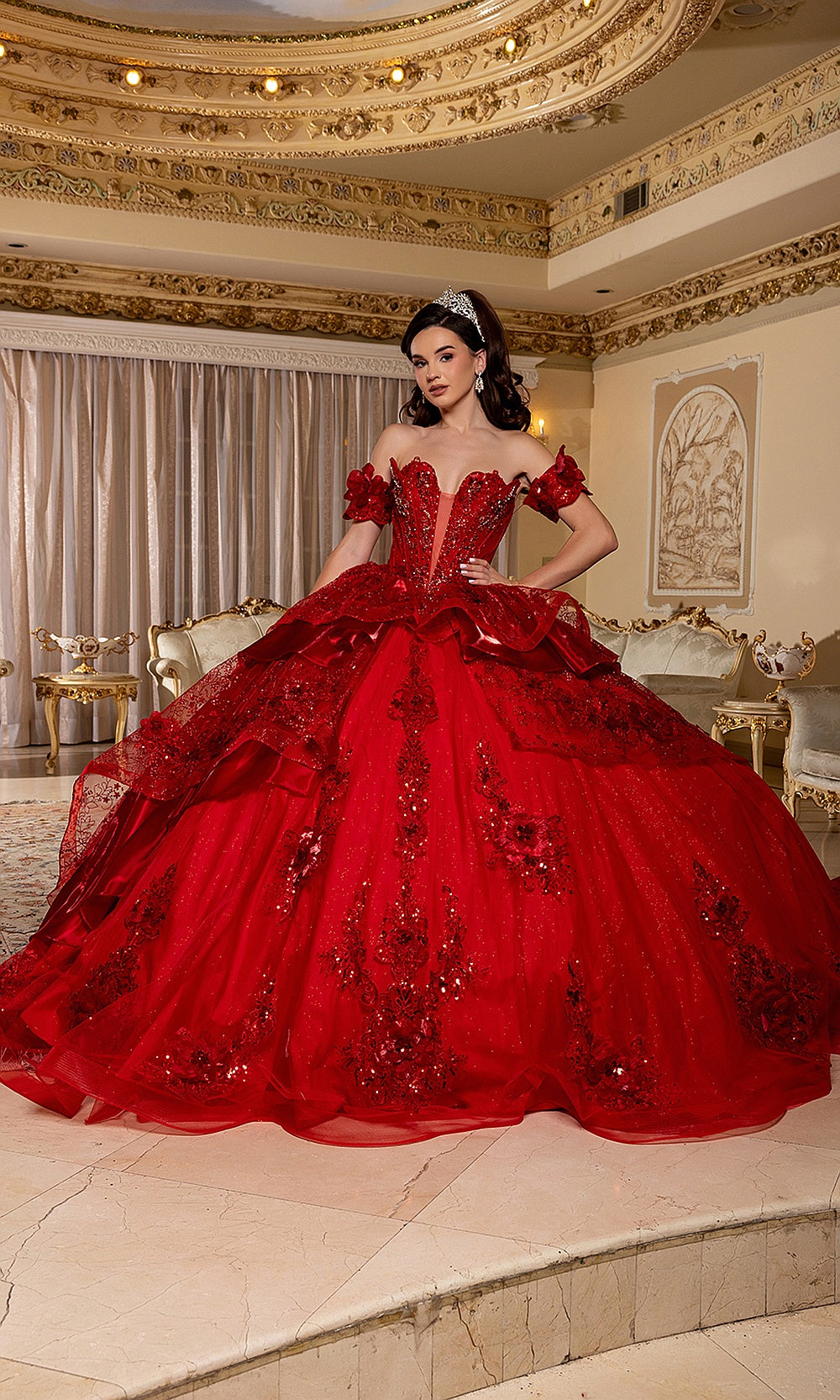 May Queen LK295 red off-shoulder sweetheart ball gown — front view of the beaded tiered quinceañera skirt