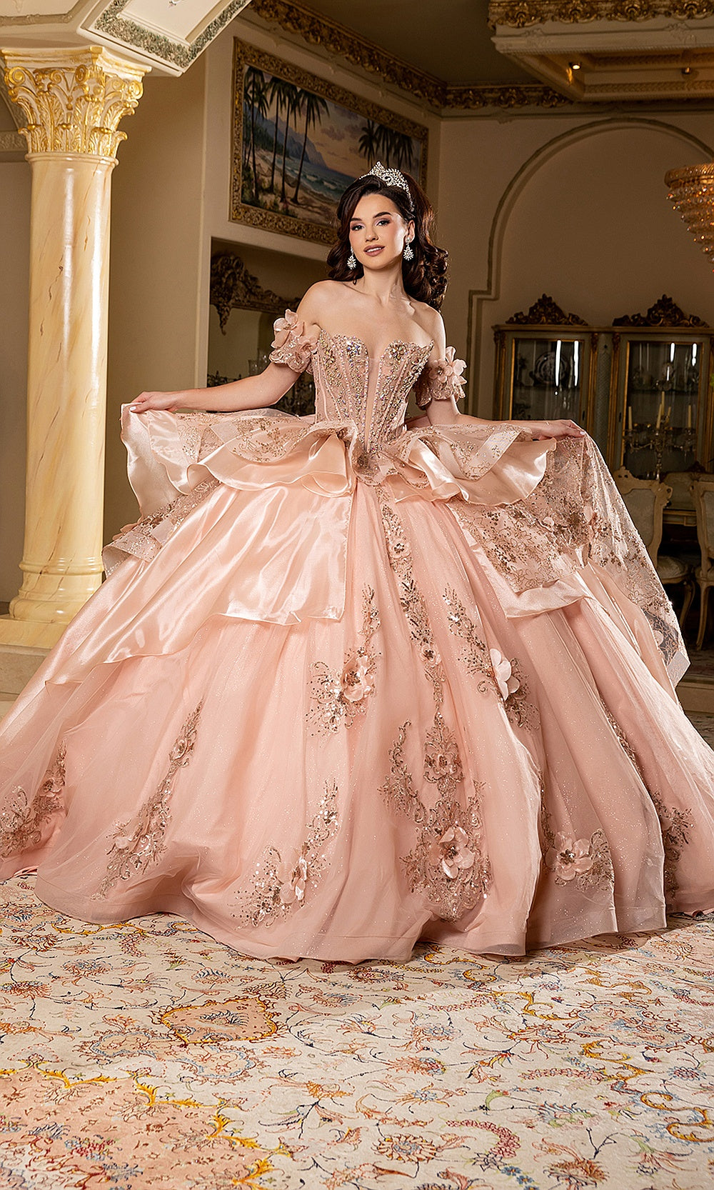 May Queen LK295 rose gold off-shoulder ball gown — front view of the beaded tiered quinceañera dress