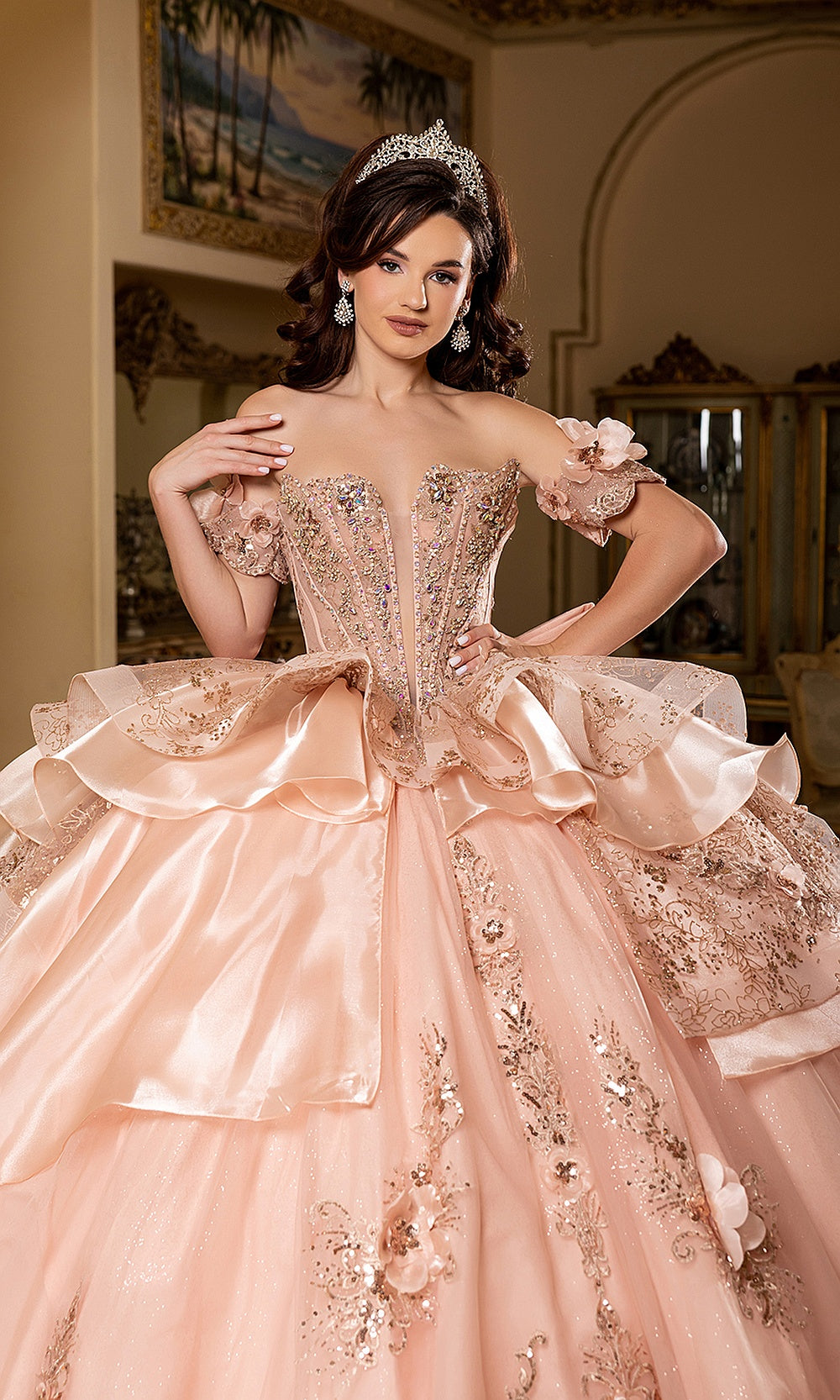 May Queen LK295 rose gold beaded bodice — close front view of the off-shoulder sweetheart quinceañera gown