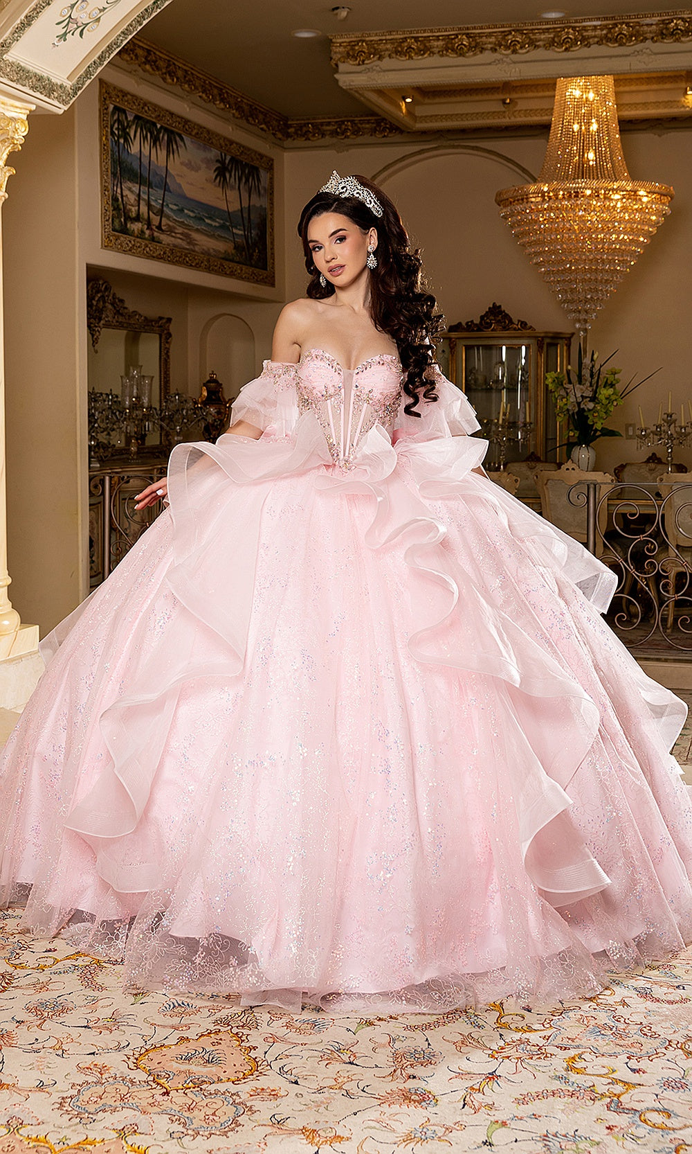 May Queen LK296 blush pink off-shoulder ball gown — front view of the ruffled quinceañera skirt
