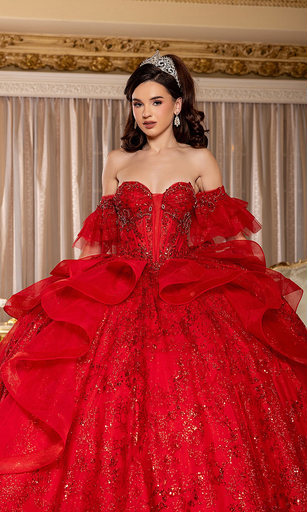 May Queen LK296 red beaded bodice — close front view of the off-shoulder sweetheart quinceañera gown