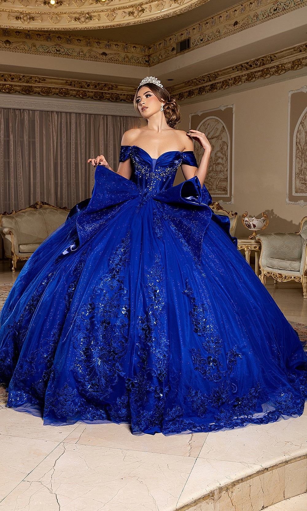 May Queen LK297 royal blue off-shoulder ball gown — front view of the beaded quinceañera bodice and full skirt