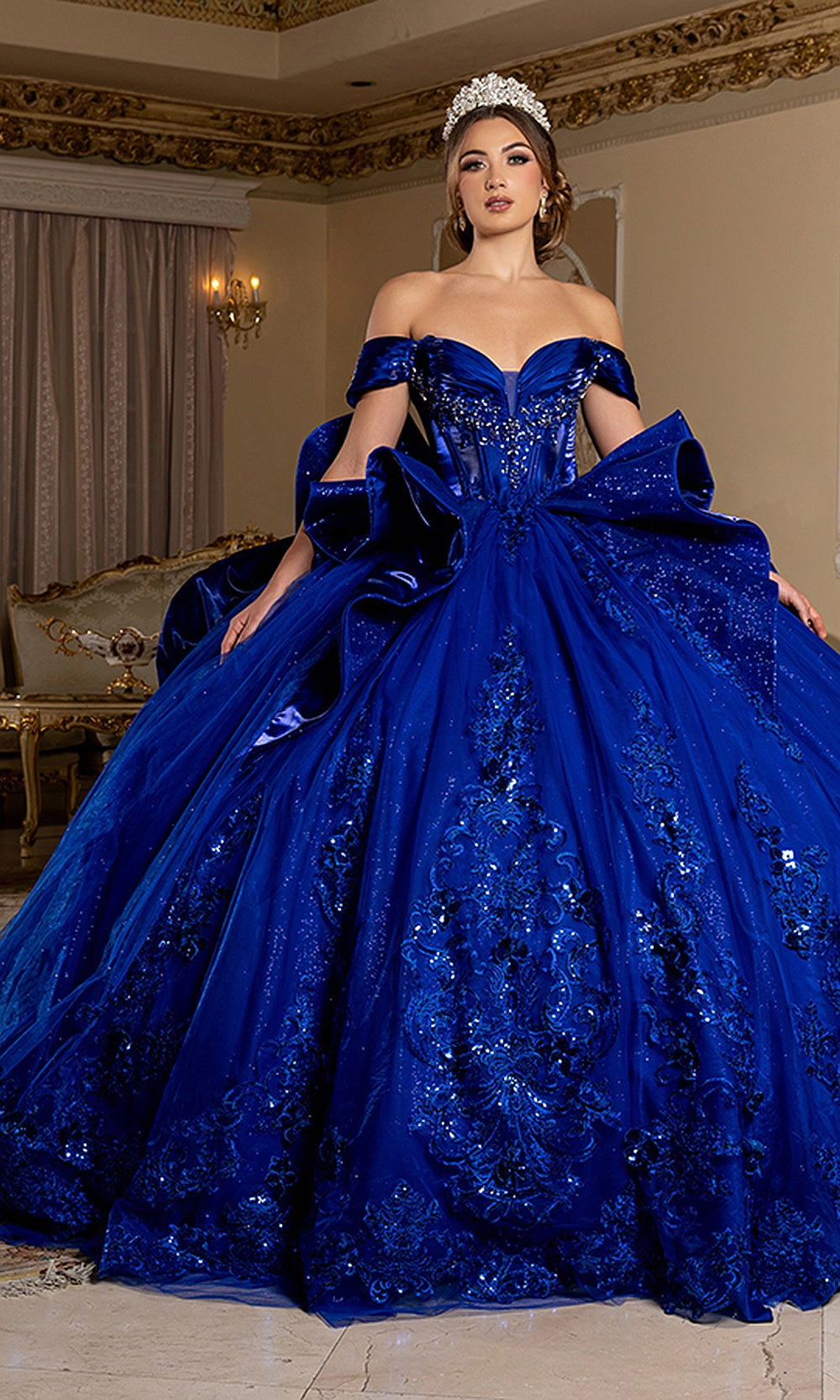 May Queen LK297 royal blue off-shoulder ball gown — front view of the sequin quinceañera bodice