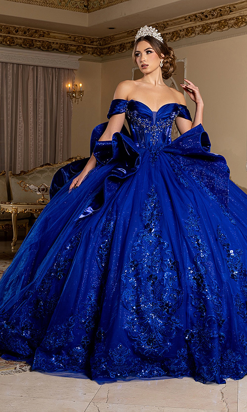 May Queen LK297 royal blue sequin ball gown — front view of the full glitter quinceañera skirt