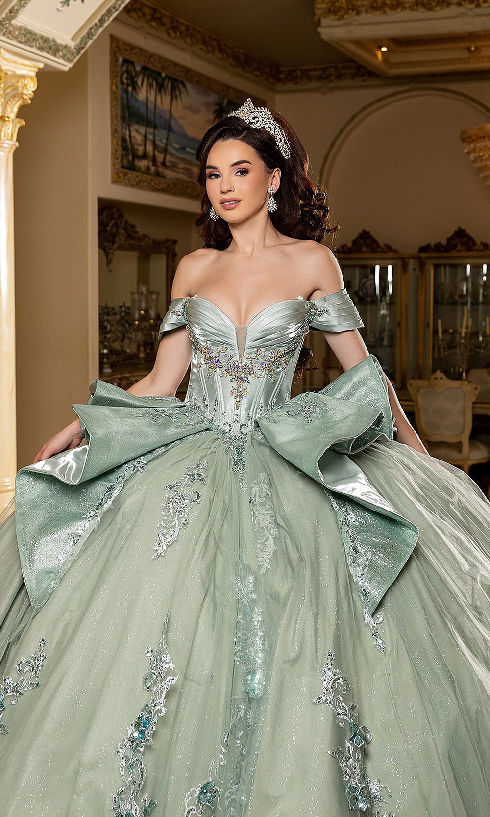 May Queen LK297 sage green off-shoulder quinceañera ball gown — front view of the beaded bodice and bow