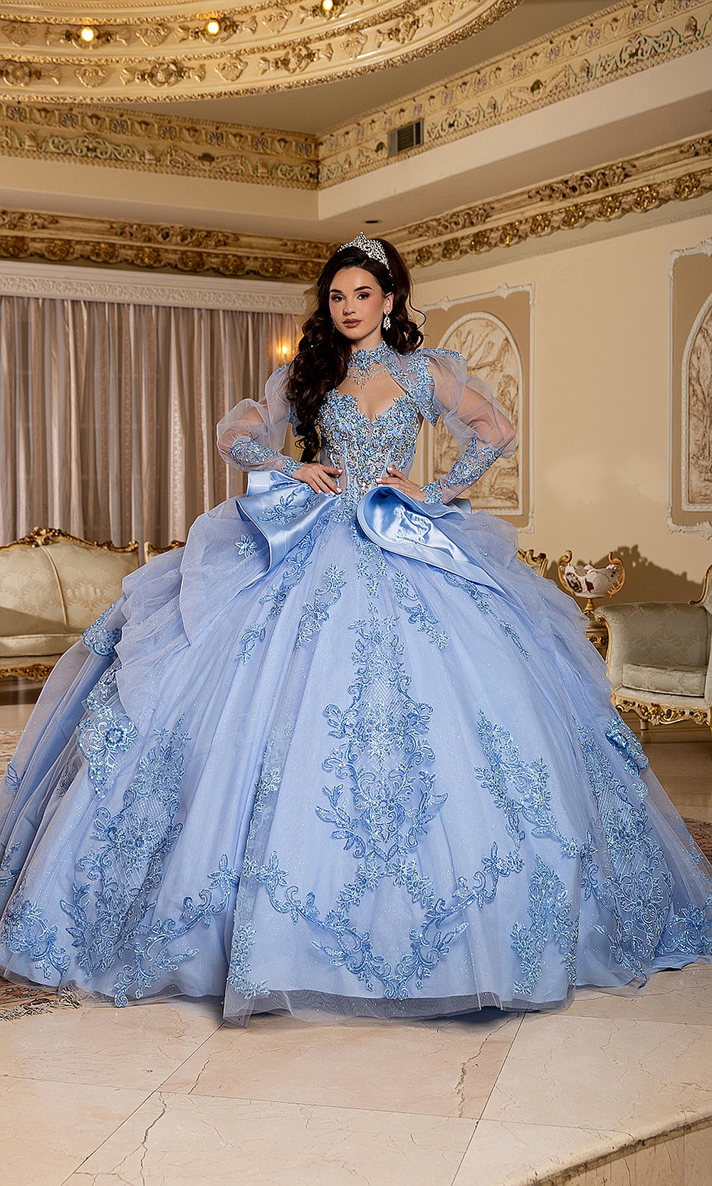May Queen LK299 dusty blue long-sleeve quinceañera ball gown — front view of the beaded illusion bodice