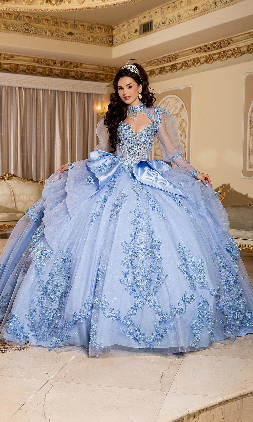 May Queen LK299 dusty blue ball gown — front view of the illusion sleeves and oversized back bow