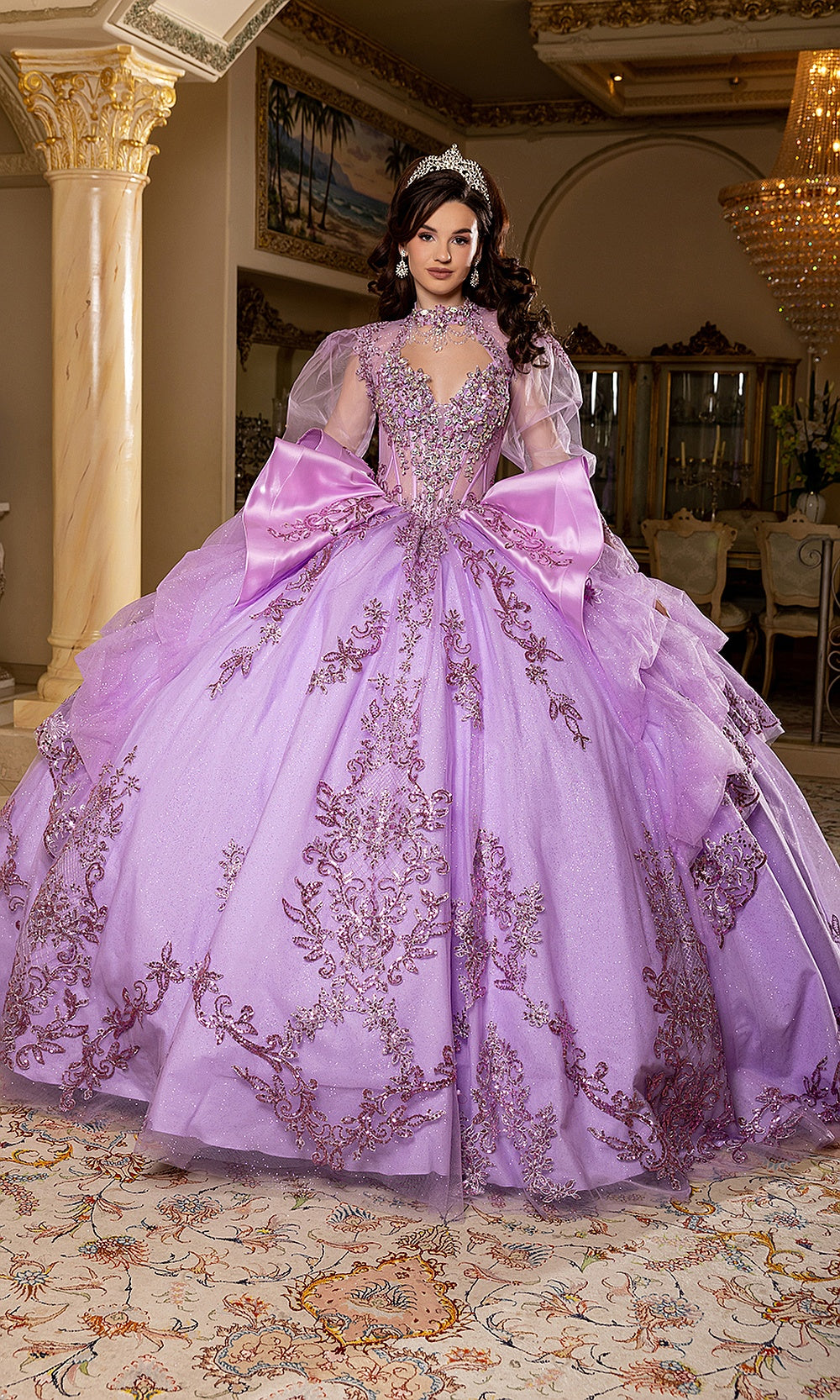 May Queen LK299 lilac ball gown — front view of the illusion long sleeves and full glitter skirt