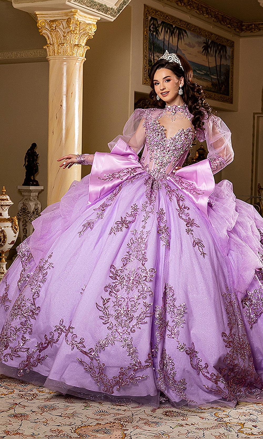 May Queen LK299 lilac quinceañera gown — front view of the oversized bow and illusion sleeves