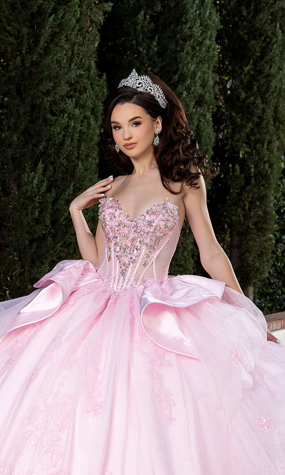 May Queen LK299 pink beaded illusion bodice — close garden view of the long-sleeve quinceañera gown
