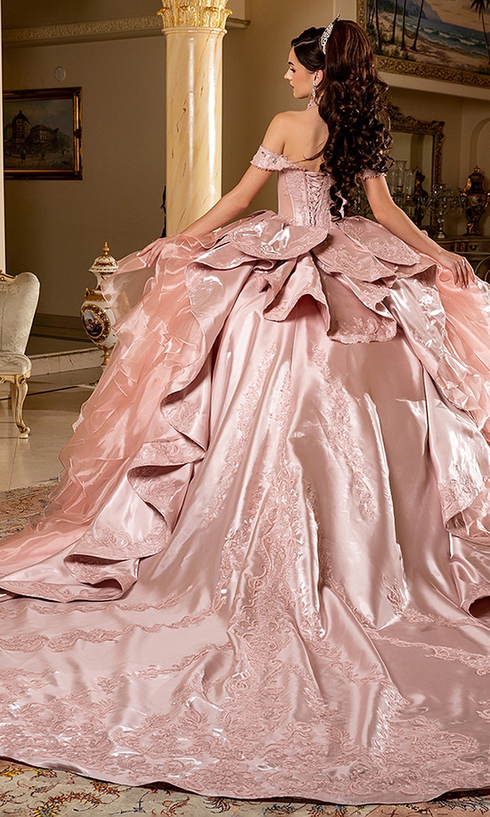 May Queen LK300 rose gold ball gown — full back view of the layered ruffle quinceañera train