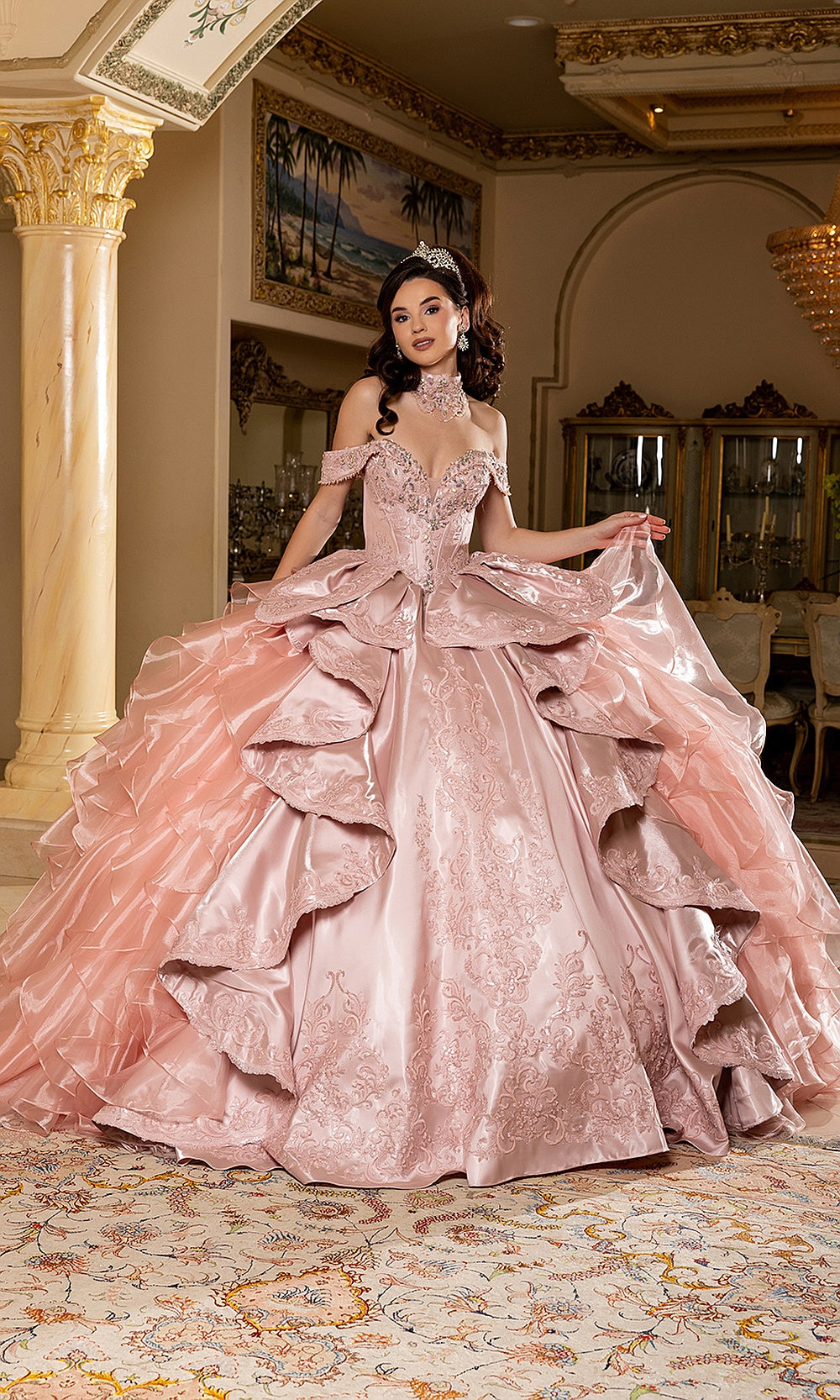 May Queen LK300 rose gold ball gown — side front view of the tiered ruffle quinceañera skirt