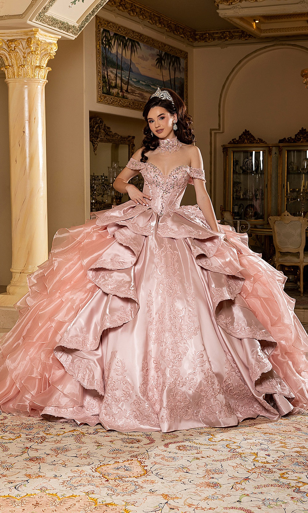 May Queen LK300 rose gold quinceañera gown — front view of the off-shoulder bodice and ruffled skirt