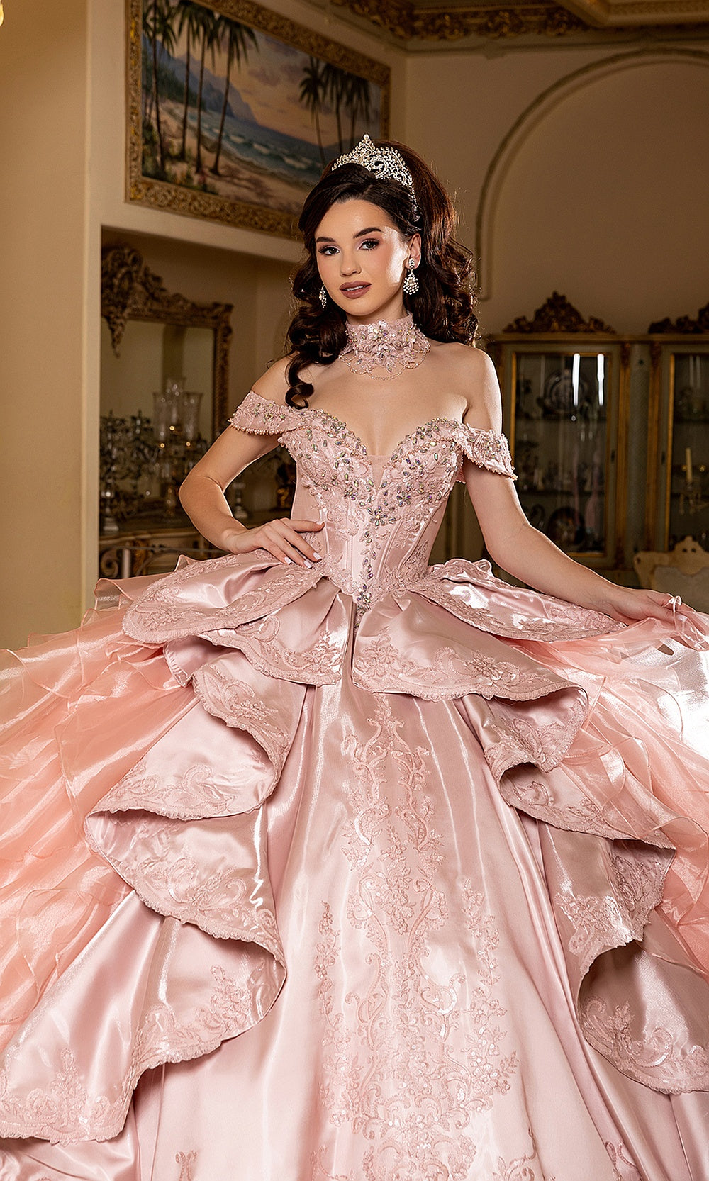 May Queen LK300 rose gold off-shoulder ball gown — front view of the metallic tiered quinceañera skirt