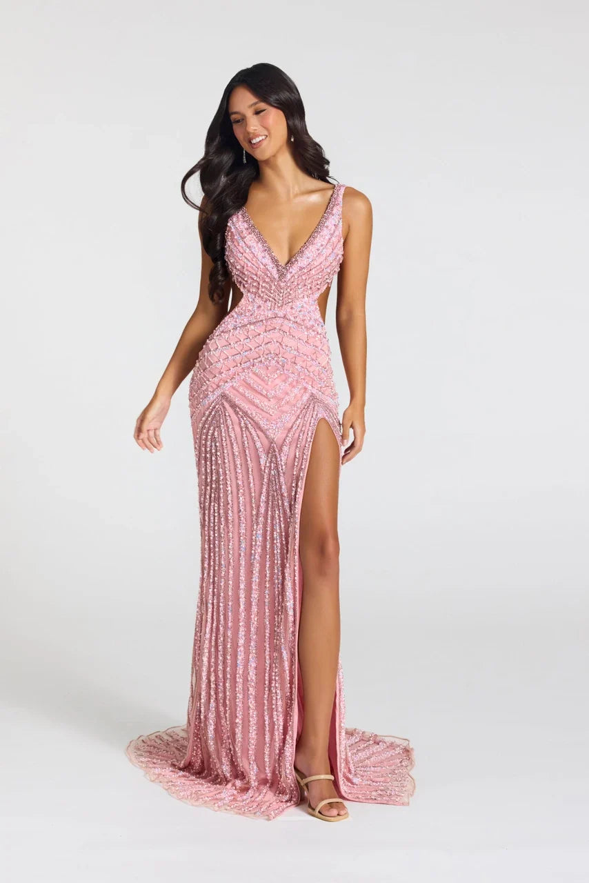 Portia and Scarlett PS27001C V-Neck Sequin Fitted Gown with Fully Beaded & Front Slit