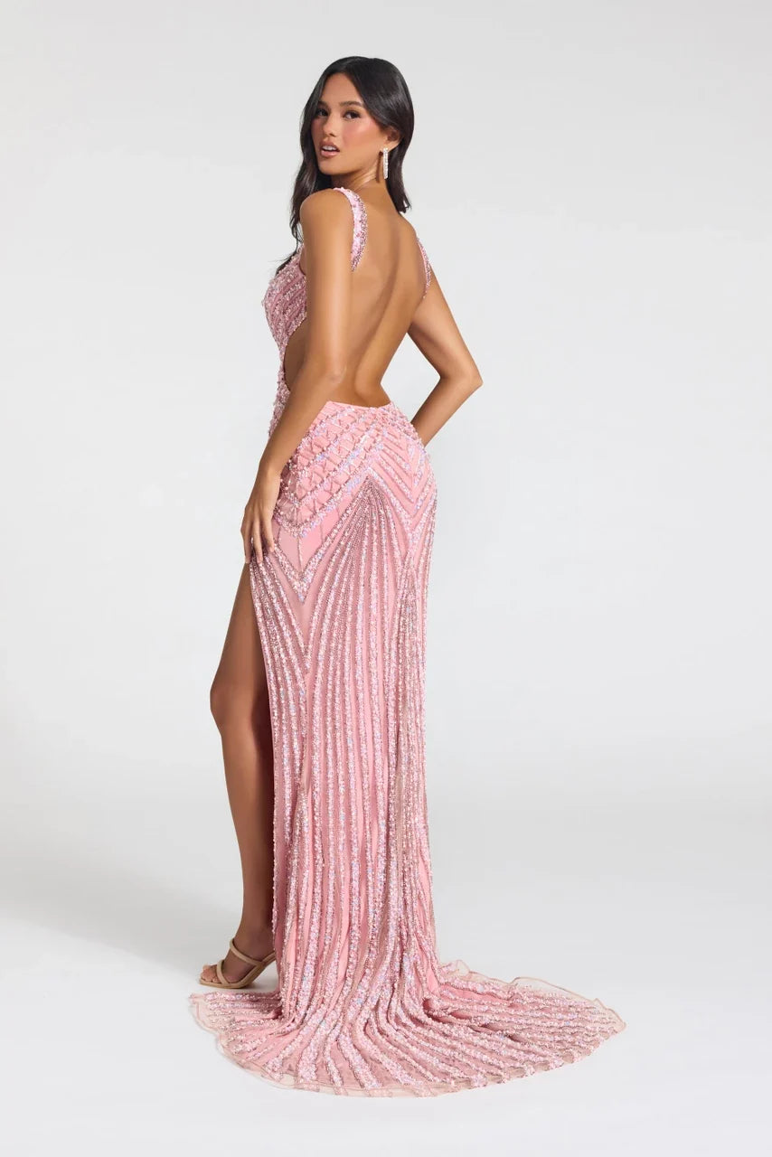 Portia and Scarlett PS27001C V-Neck Sequin Fitted Gown with Fully Beaded & Front Slit