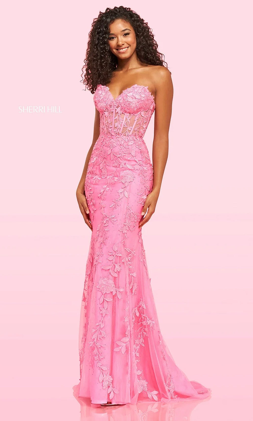Sherri Hill 54227 Bright Pink front view prom gown with floral lace appliqués, illusion corset bodice, strapless sweetheart neckline, mermaid silhouette, formal prom gown