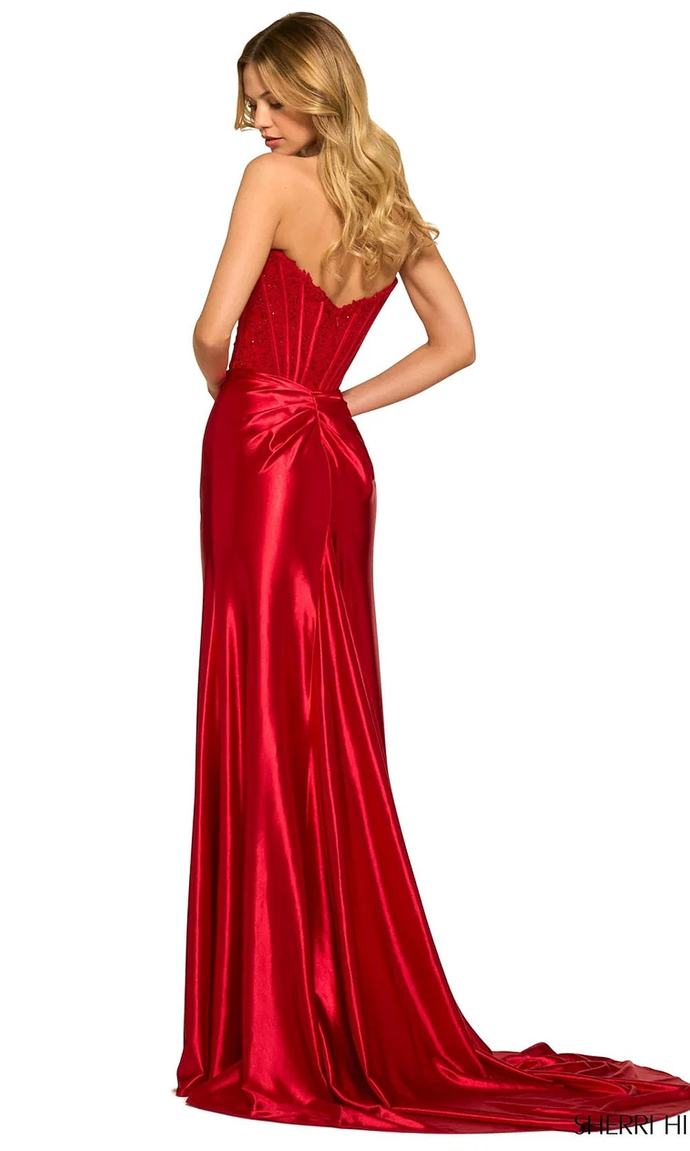 Sherri Hill 55419 Red prom gown back view with open back, structured lace corset bodice, satin train, fitted silhouette, evening gown