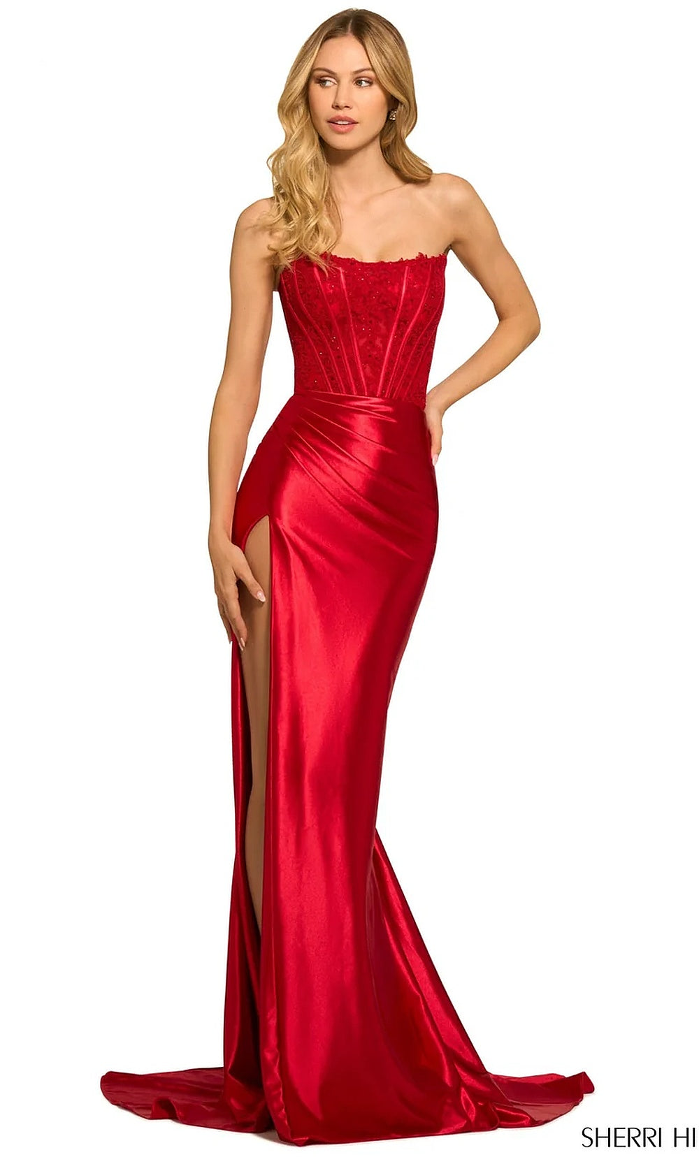 Sherri Hill 55419 Red prom gown front view with satin skirt, floral lace corset bodice, boning, high front slit, fitted silhouette, formal prom gown