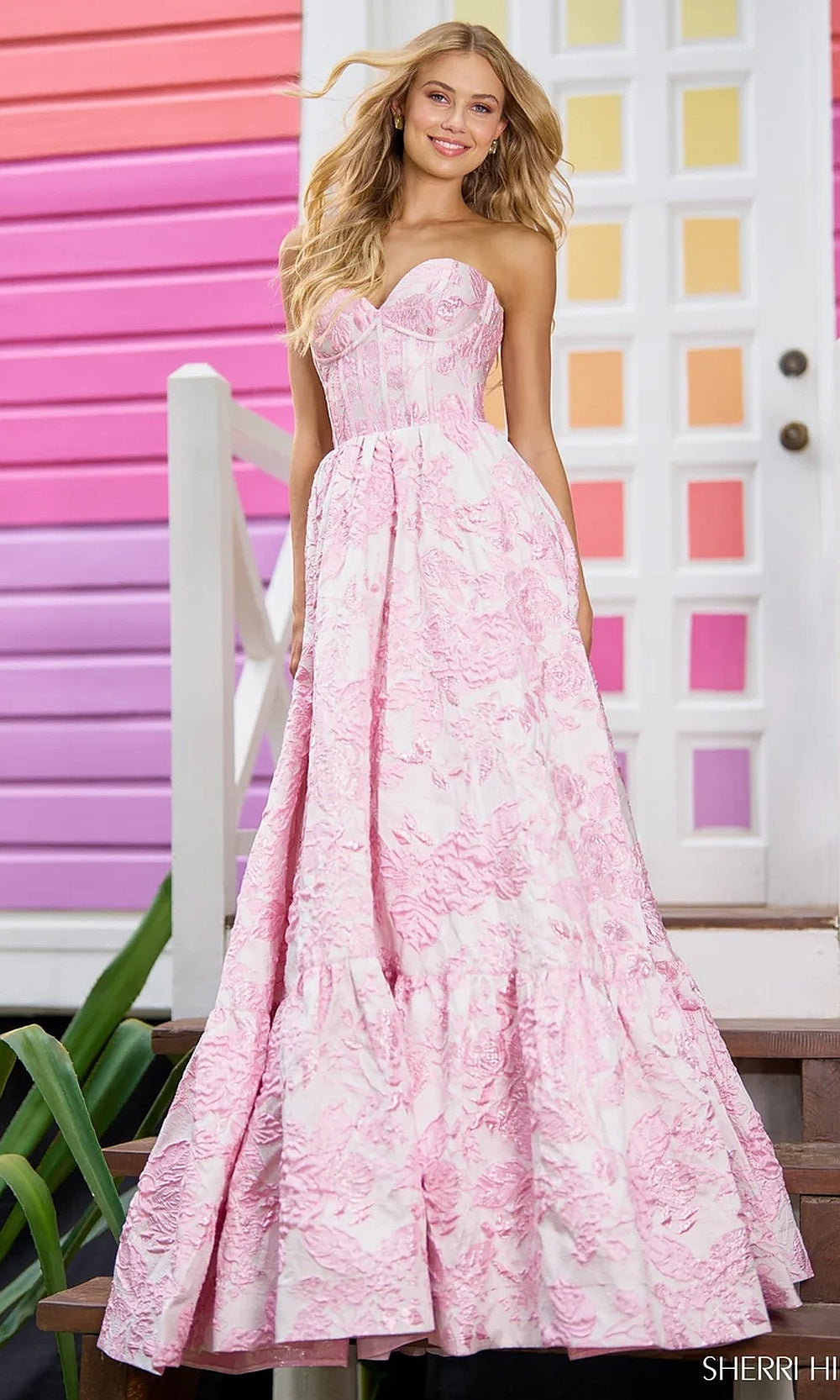 Sherri Hill 56055 Pink prom dress front view floral brocade ballgown strapless sweetheart corset bodice formal prom gown