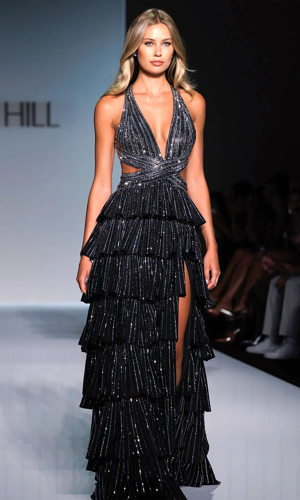 Sherri Hill 57055 Black Silver prom halter V-neck tiered ruffle fit-and-flare gown with hot-stone beading, front high slit, full editorial view, formal prom gown
