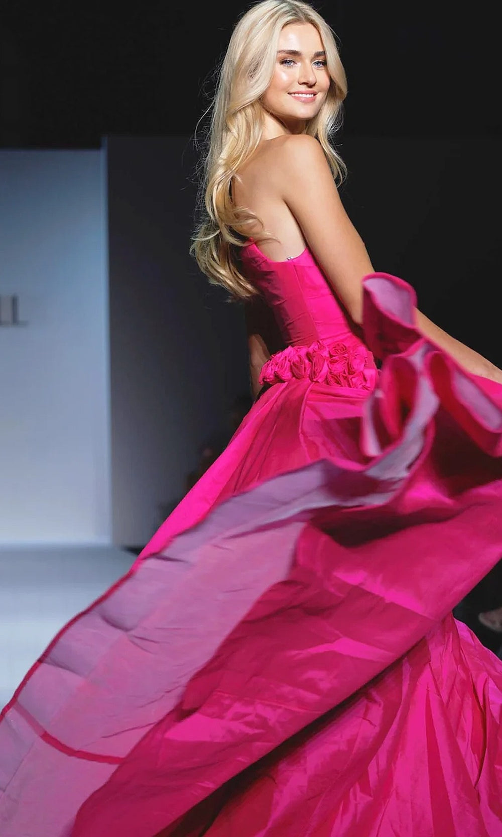 Sherri Hill 57240 Bright Fuchsia prom ballgown with floor-sweeping train, voluminous full skirt, sweetheart neckline, side editorial view, evening gown