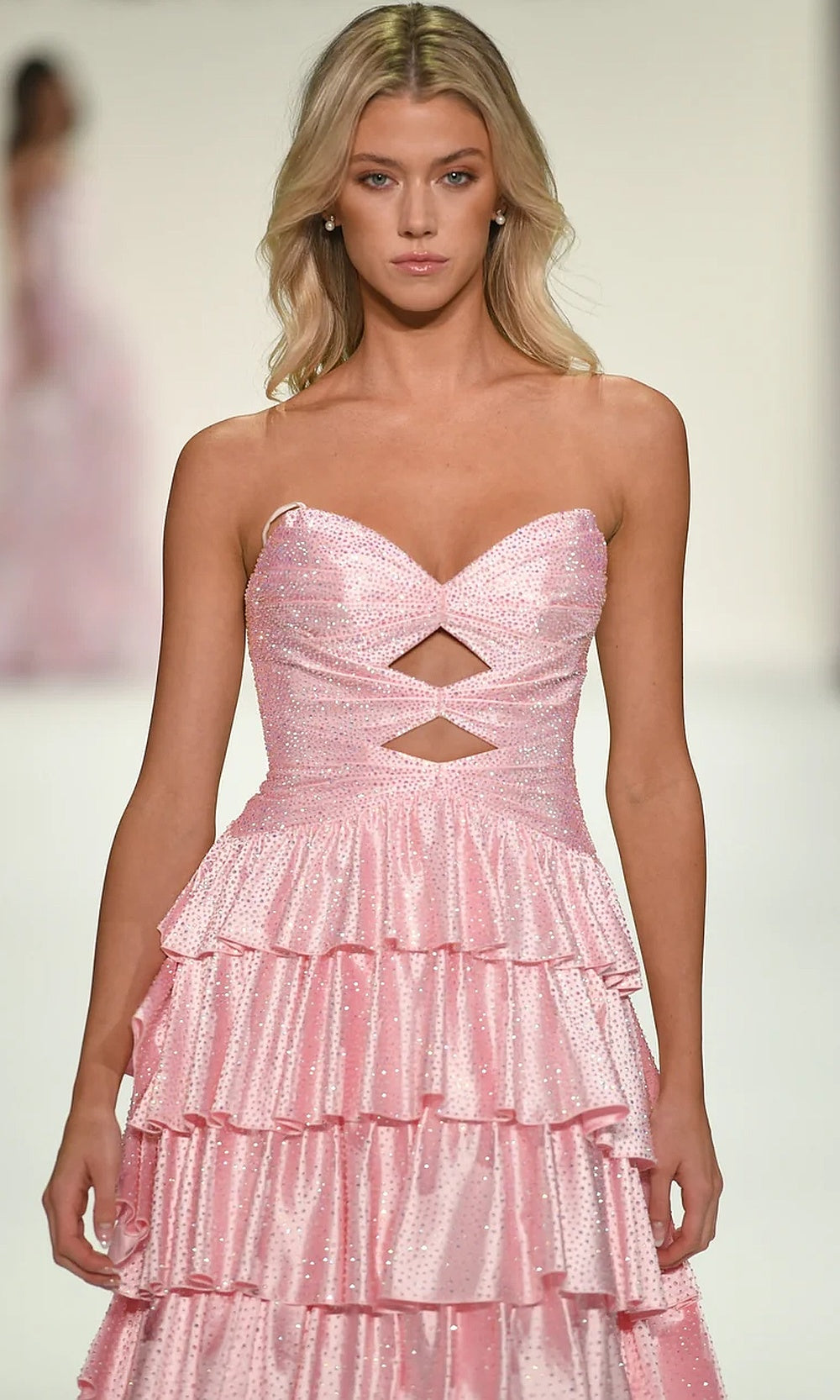 Sherri Hill 57416 Pink prom dress detail view showing hot-stone rhinestone embellishment, boned bodice cut-out panels, sweetheart neckline, semi-formal party dress