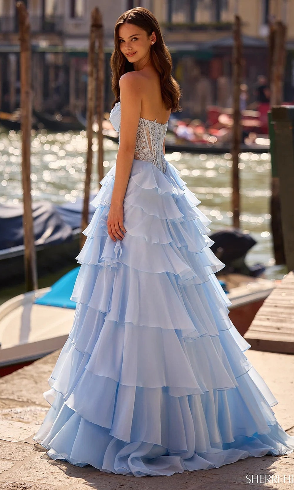 Sherri Hill 57542 Light Blue prom dress back view with open sheer illusion corset panel, lace embroidery, boning channels, a-line silhouette, evening gown