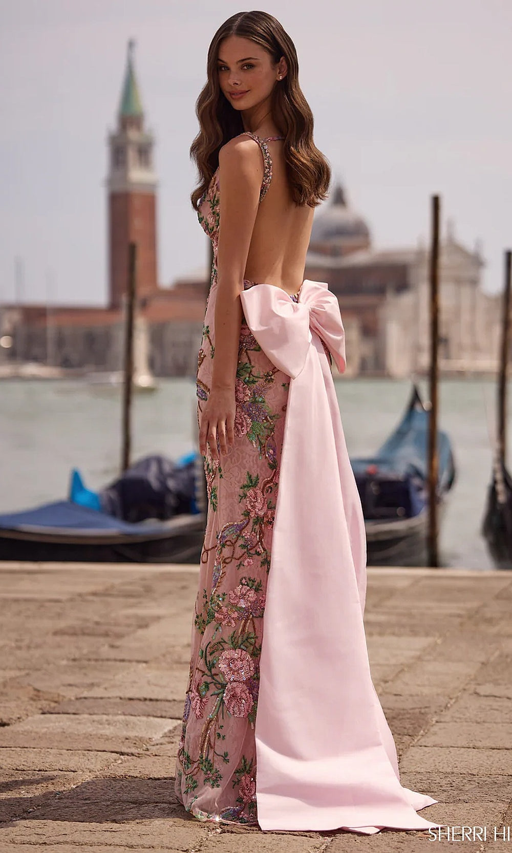 Sherri Hill 57601 Light Pink Print prom dress back view showing full open back satin bow waist train panel lace sequin floral fitted gown evening gown