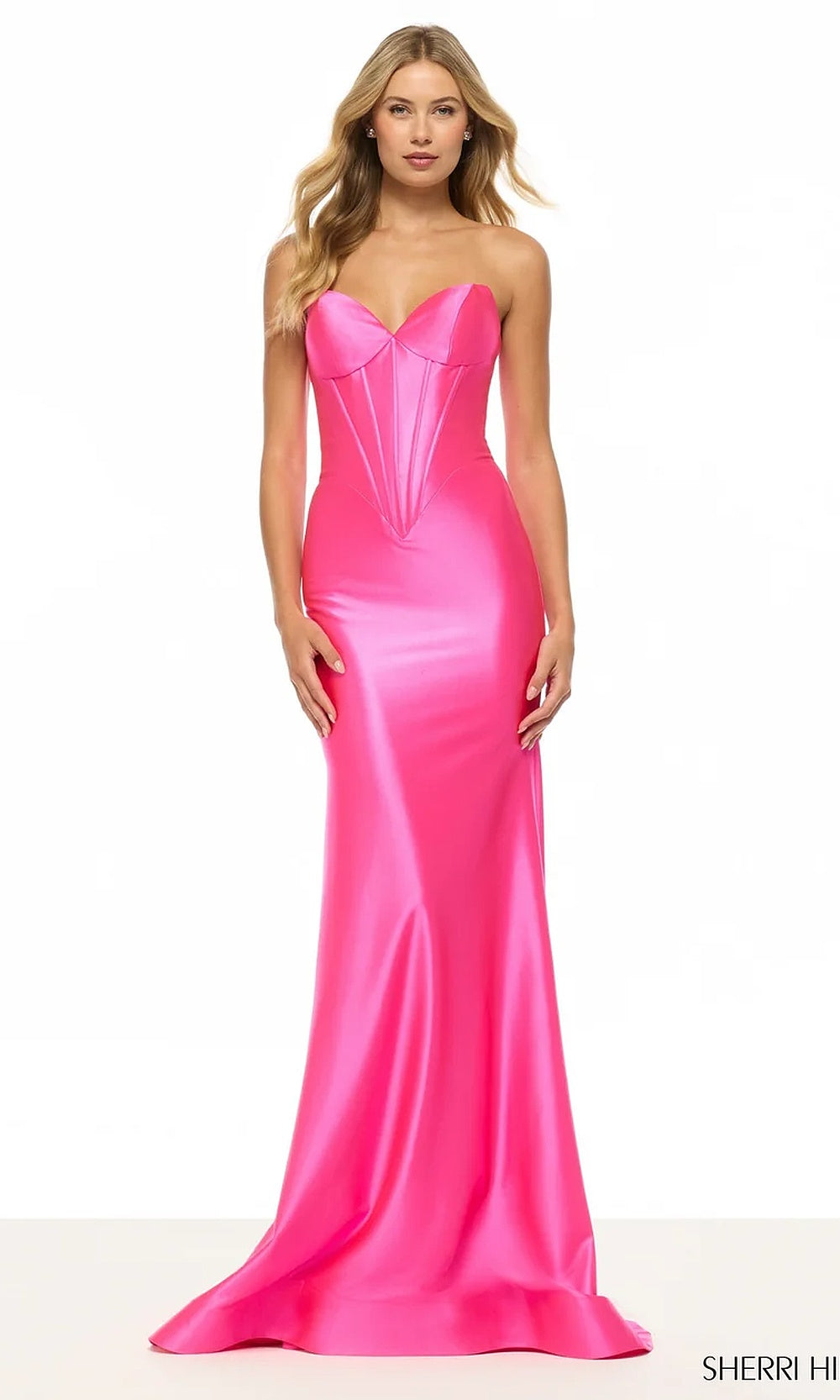 Sherri Hill 57644 Pink prom gown front view with satin fabric, sweetheart strapless corset bodice, fitted silhouette, and sweep train, formal prom gown