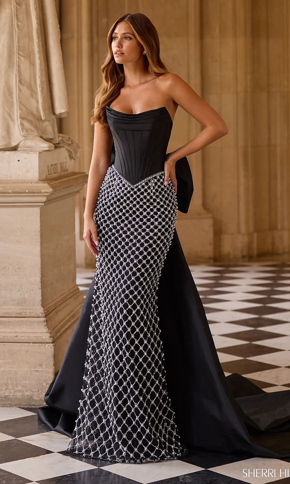 Sherri Hill 57671 Black Ivory Silver prom strapless beaded mermaid corset gown with satin bodice, crystal lattice skirt, overskirt train, front view, formal prom gown