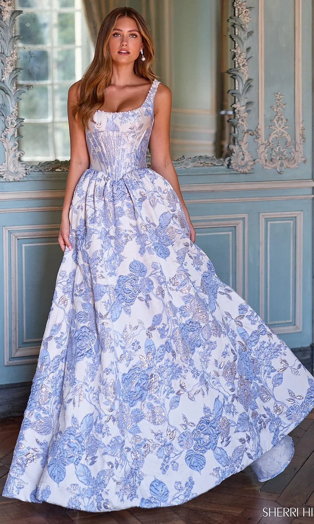 Sherri Hill 57731 Ivory Light Blue prom front view floral jacquard ballgown with pearl-trimmed straps, boned corset bodice, scoop neckline, formal prom gown
