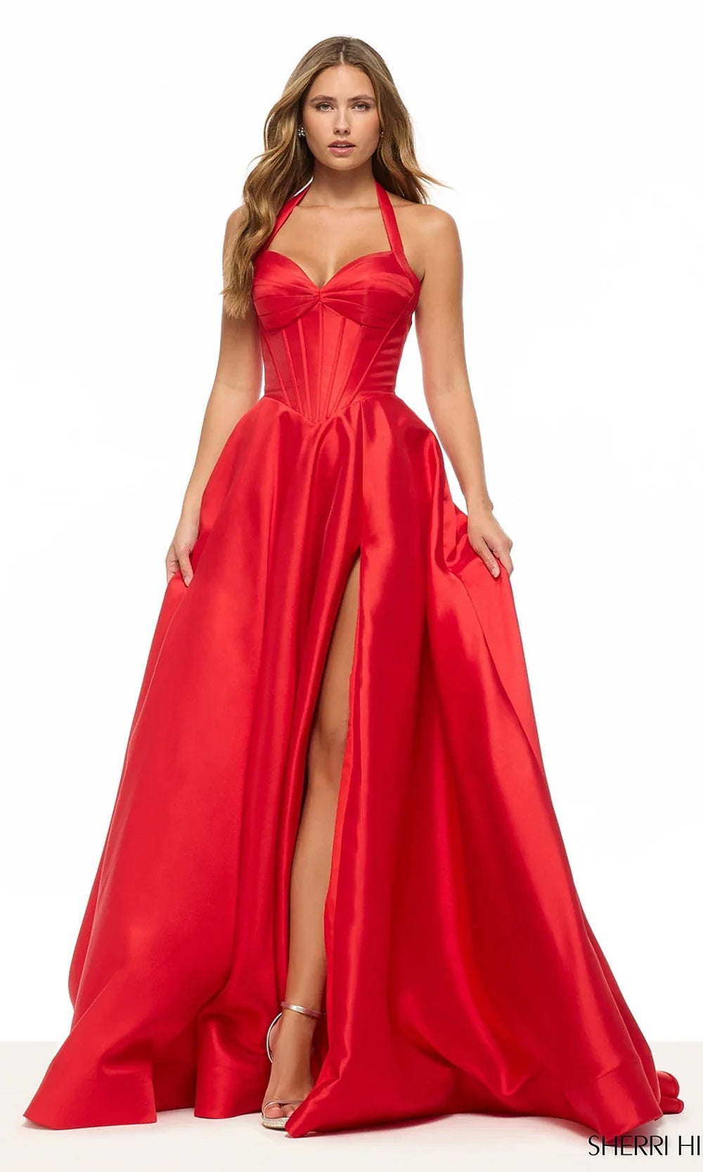 Sherri Hill 57737 Red prom gown front view with satin fabric, sweetheart halter corset bodice, full a-line ballgown silhouette, formal prom gown