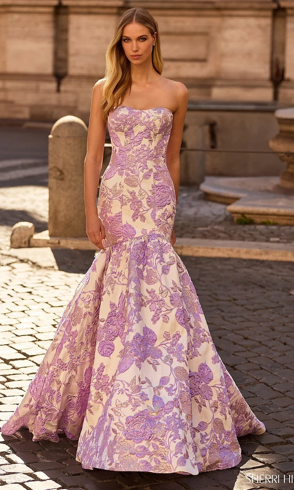 Sherri Hill 57785 Lilac floral mermaid trumpet prom gown front view with structured boning, strapless sweetheart neckline, sweep train, formal prom gown