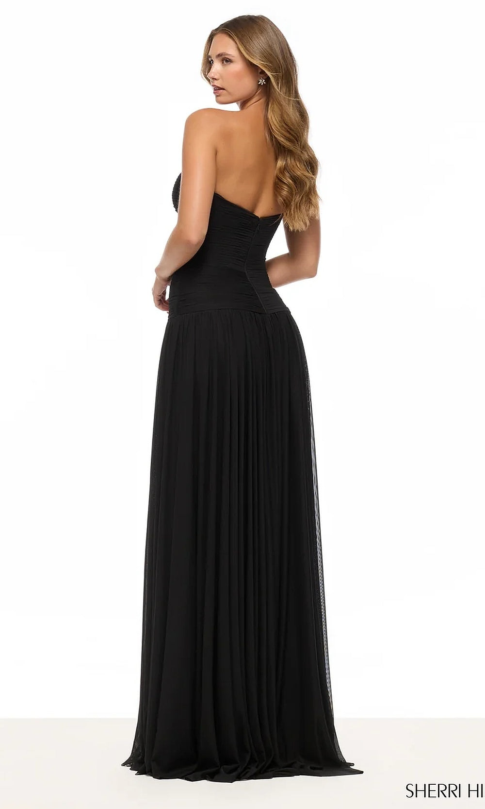 Sherri Hill 57806 Black prom dress back view with chiffon, open back to waist, ruched bodice V-point, evening gown