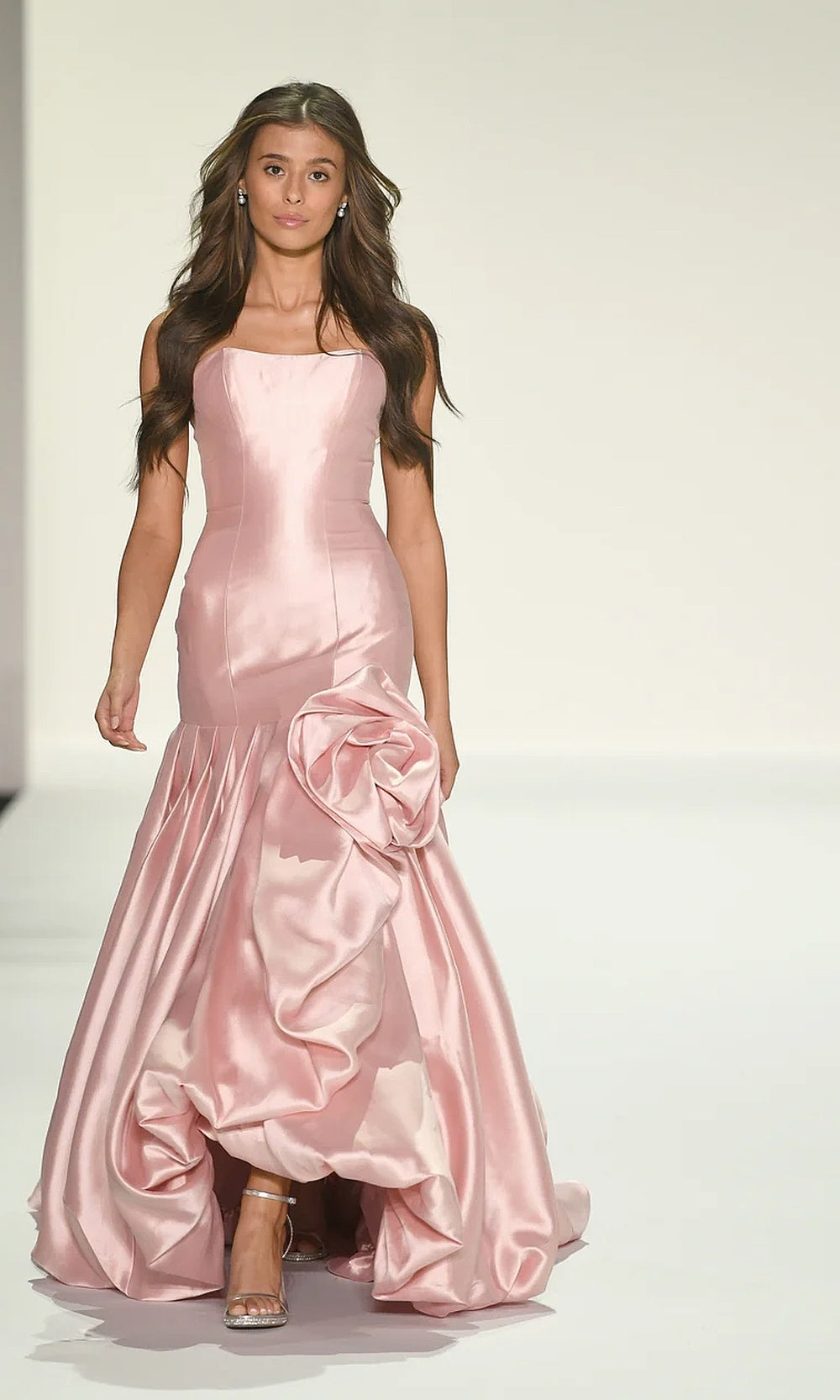 Sherri Hill 57845 Blush Pink prom gown editorial view, strapless satin trumpet silhouette with large 3D satin rose at hip, gala gown