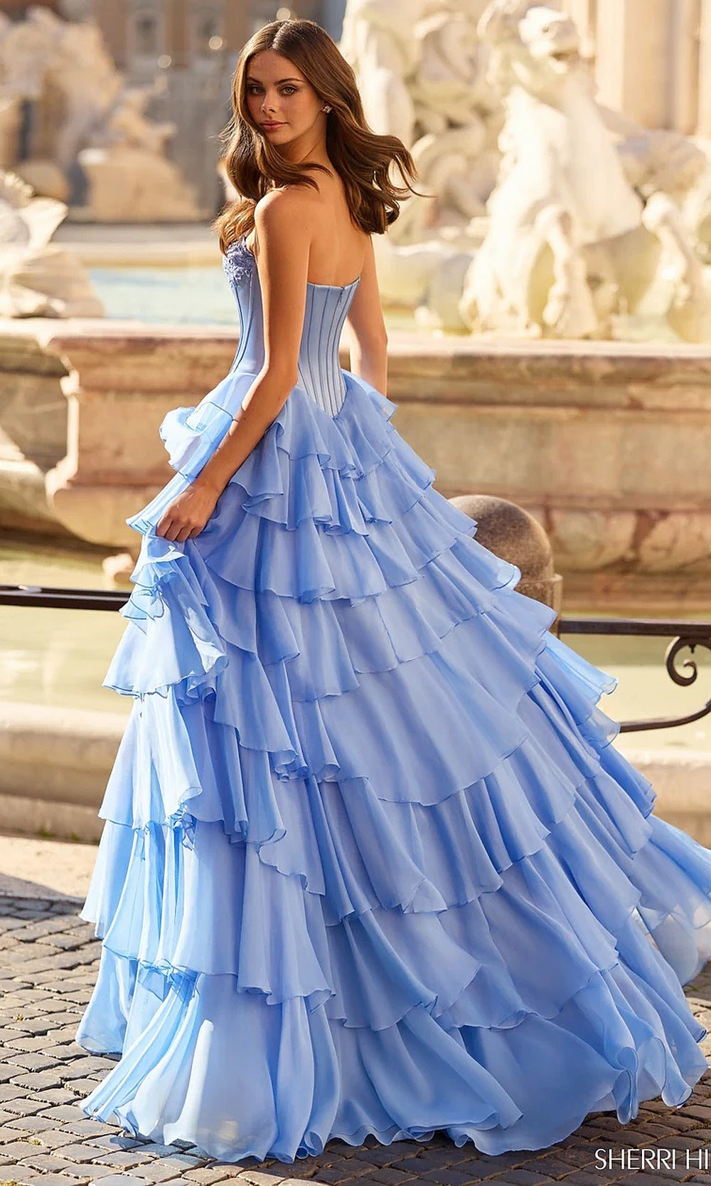 Sherri Hill 57934 Light Blue Periwinkle back view prom dress showing lace-up corset closure boning channels full ballgown silhouette evening gown