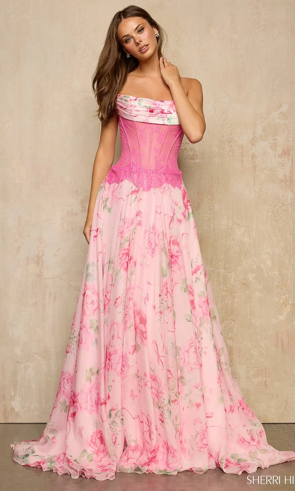 Sherri Hill 57941 Pink Multi Print prom dress front view with chiffon floral print skirt, boned corset bodice, strapless scoop-neck, sweep train, formal prom gown