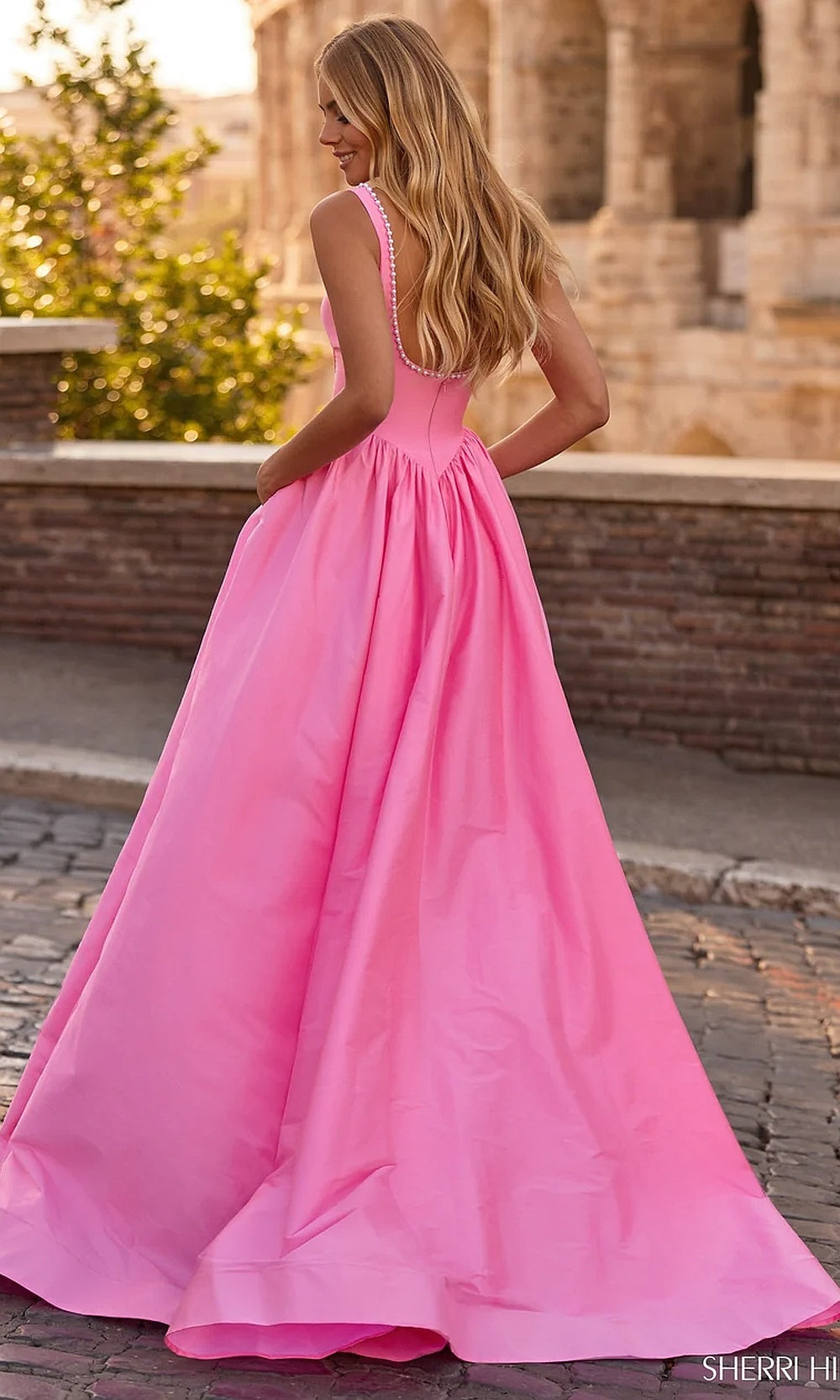 Sherri Hill 57956 Candy Pink Ivory back prom dress with open back, wide pearl-trimmed shoulder straps, full ballgown skirt, evening gown silhouette