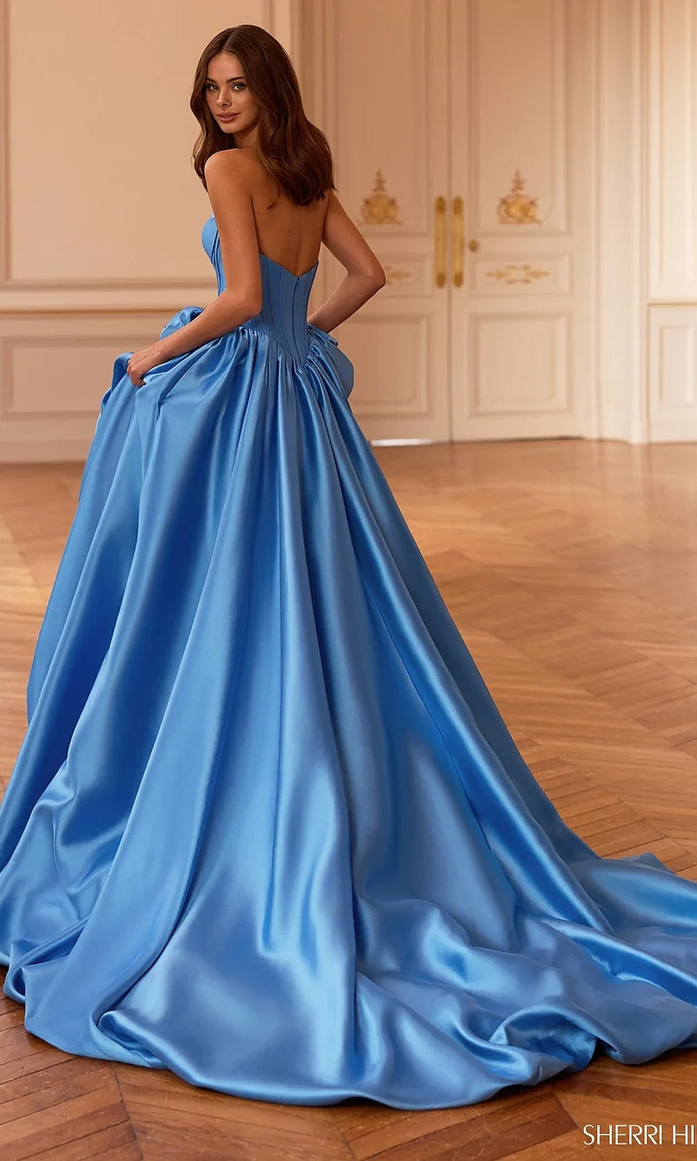 Sherri Hill 58090 Blue prom dress back view with satin open back, fully exposed back, sweeping train, high-low ballgown silhouette, evening gown