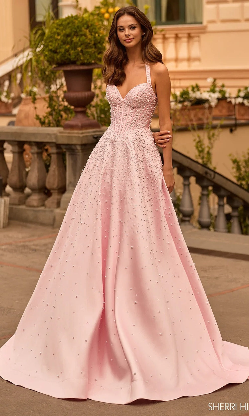 Sherri Hill 58096 Pink Silver prom pearl beaded sweetheart corset ballgown with satin base, open back, and court train, front view, formal prom gown